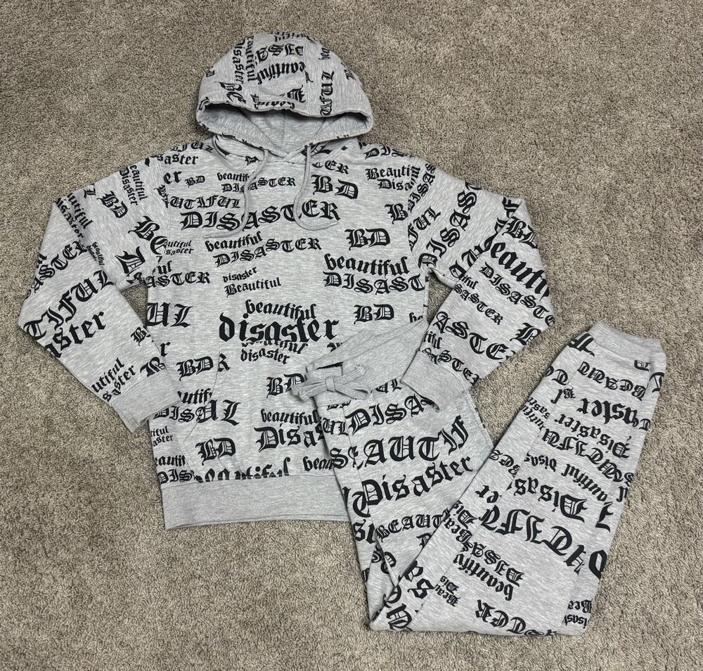 BEAUTIFUL DISASTER All Over Print Hoodie Jogger Sweatsuit Set Size S RARE